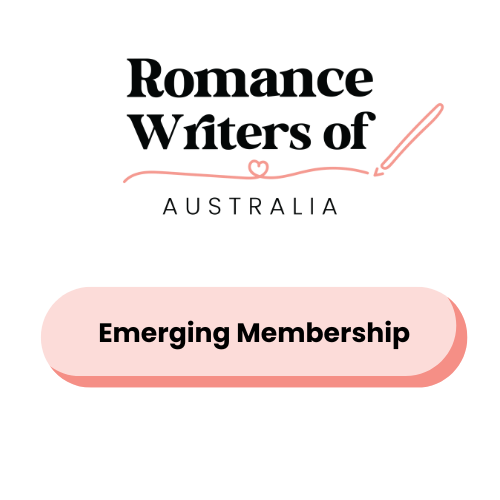 A digital badge featuring the Romance Writers of Australia logo at the top, with elegant typography and a stylised pen flourish. Below the logo, there is a rounded button with the text "Emerging Membership" in bold black letters. The button has a soft pink gradient, creating a modern and inviting look. The clean white background and minimalistic design suggest a membership category tailored for writers in the early stages of their careers.